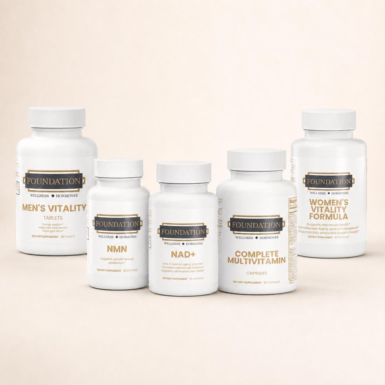 Men’s and Women’s Vitality formulas with NMN, NAD+, and Complete Multivitamin